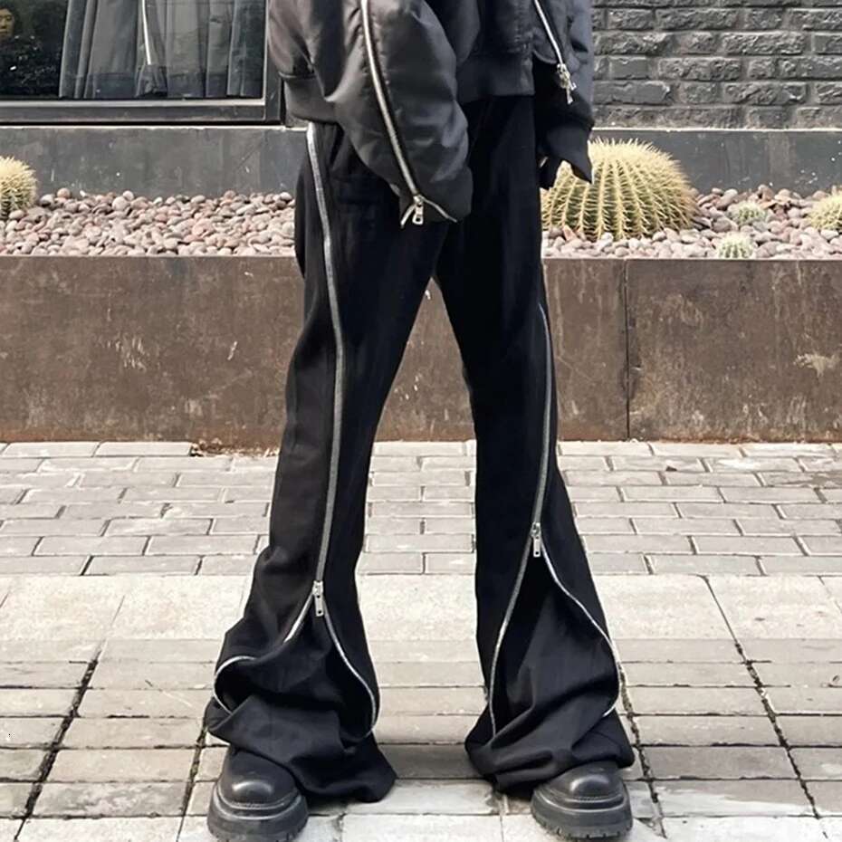 Fashion Flared Double Zippers Long Ribbons Black Denim Pants Men's Streetwear Haruku Hipster Jeans