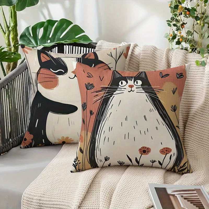 4pcs Cartoon Cat Floral Throw Covers Zippered Cushion Covers for Living Room and Bedroom Decor Single-Sided Print SuitM251119