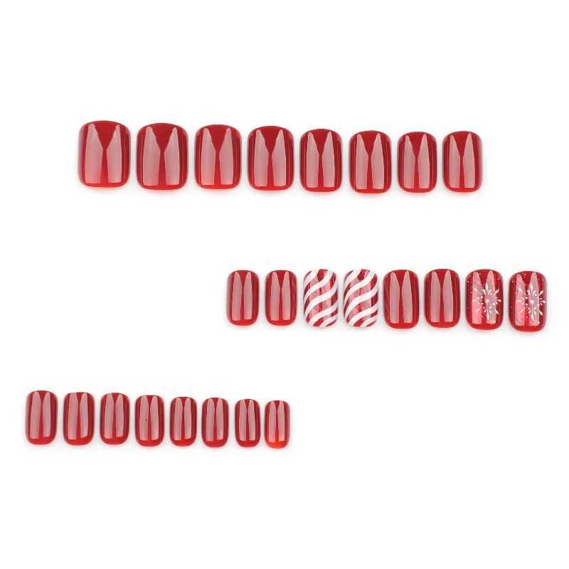 24Pce Fake Nails Red Christmas Candy Stripes with Snowflakes - Short Square Press-On Nail Tips Perfect for Gifting to WomenT251118T251119