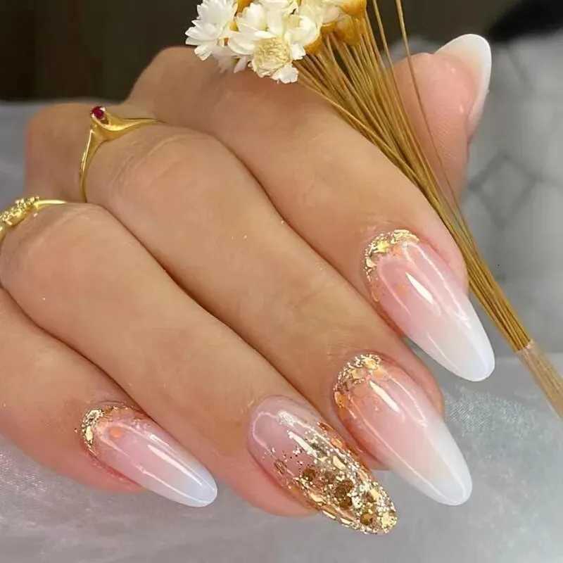 24-piece Long French Minimalist Flash Gold Nails with 1 Jelly Gel and 1 Nail FileT251118T251119