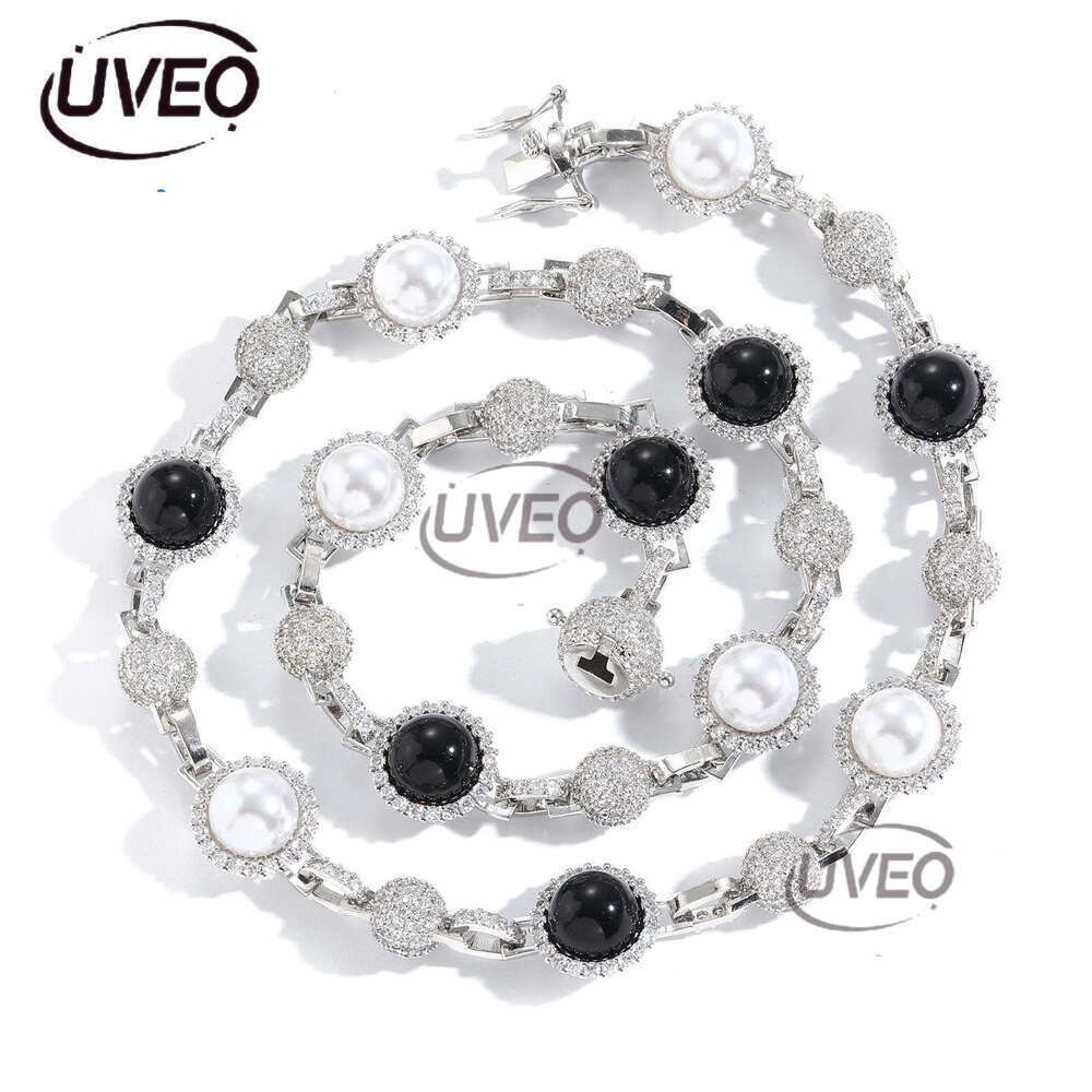 Luxury hip hop micro-inlaid sterling silver ice out VVS Moissanite black and white pearl necklace, men and women's cascading chain Free delivery