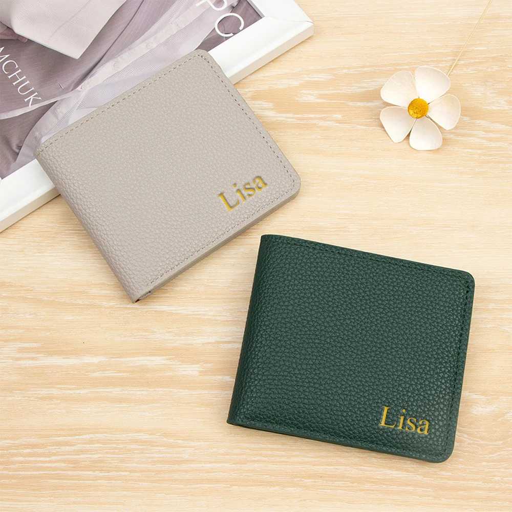 Customized name PU leather ultra-thin double-fold short cash wallet with ID window and card slot double-fold card holder walletT251119