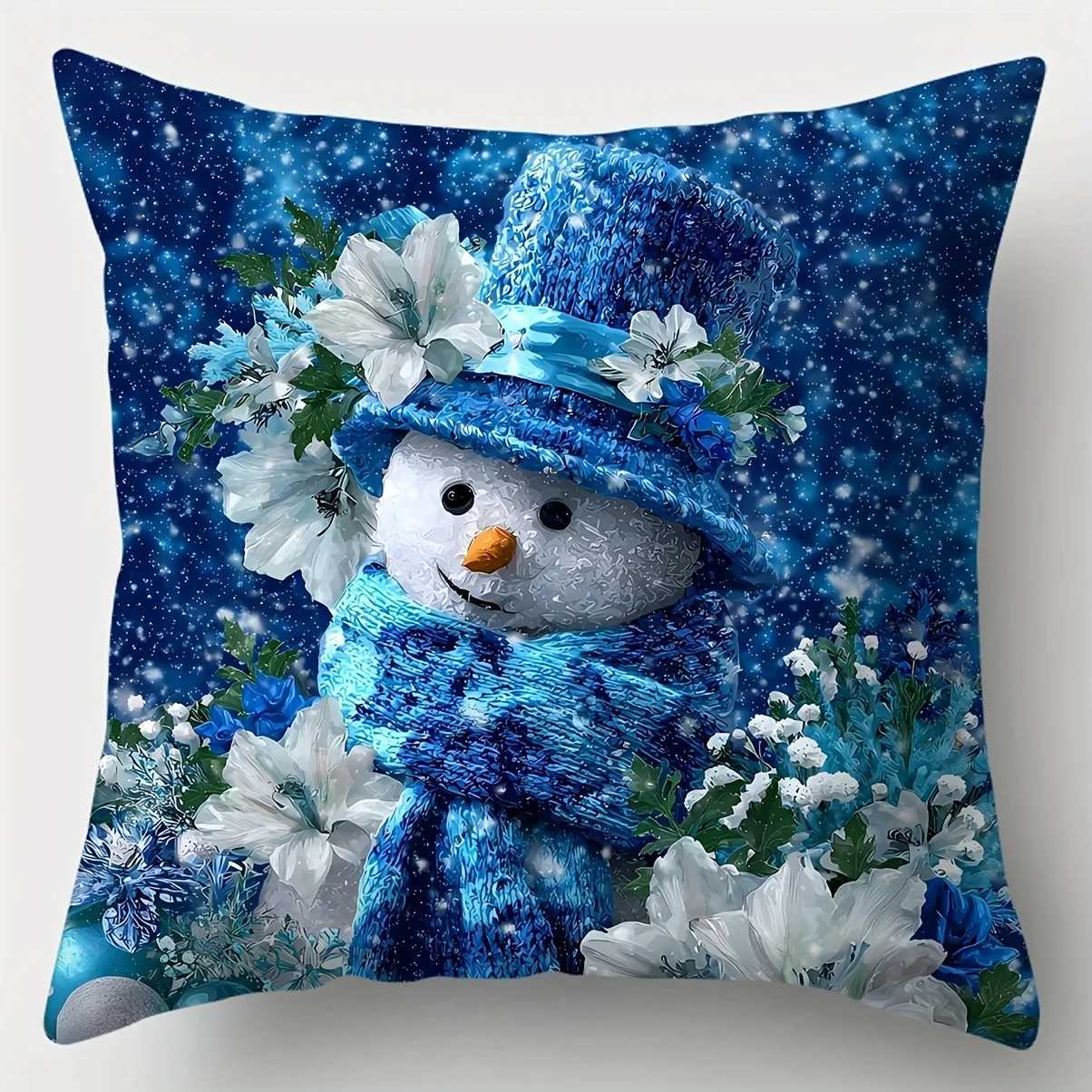 4pcs Christmas Covers Royal Blue with Snowman Blue-White Floral Fireplace Design Festive Decor for Living Room SofaM251119