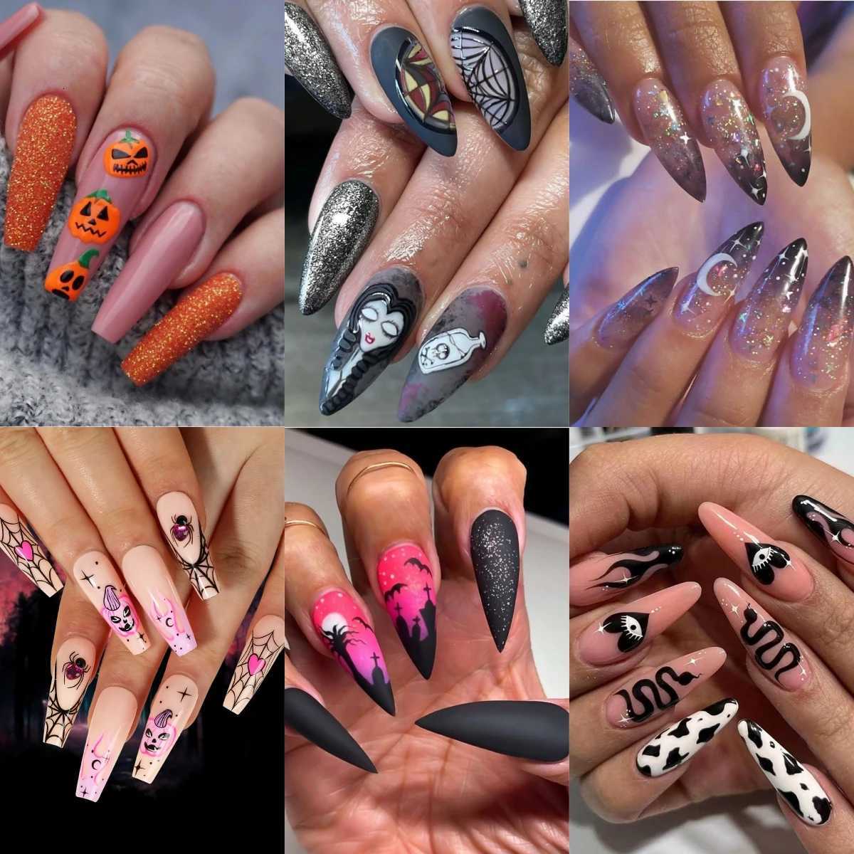 24P/Set Halloween Fake Nails Art Ghost Face Pumpkin Spooky Designer Girls Party Press on Nail Tips Wearable Stick on Nails FalseT251118T251119