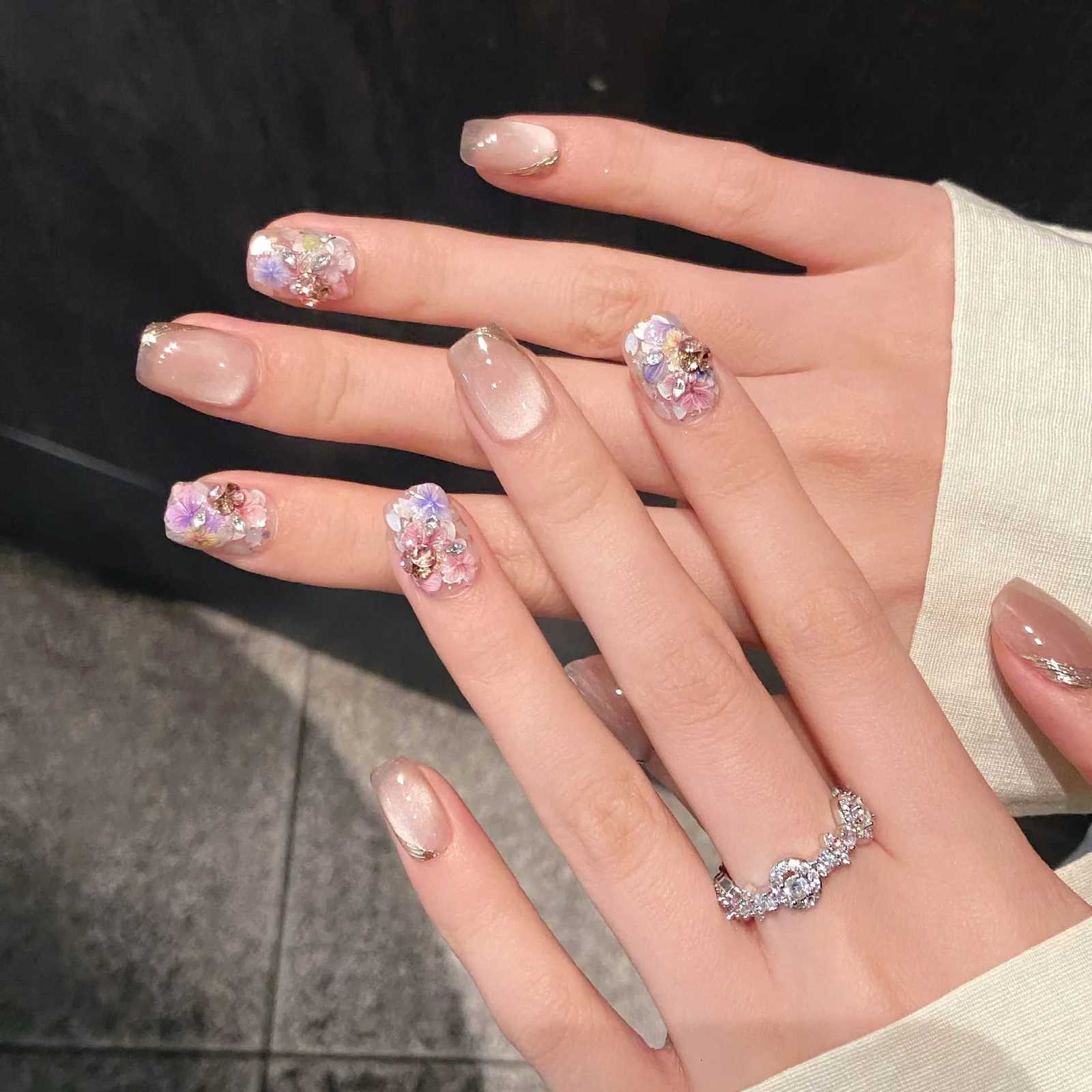 10pcs Short Square Handmade False Nail Art Cats Eye Design Press on Fake Nails Colorful Flower Full Cover Nail Tips ManicureT251118T251119