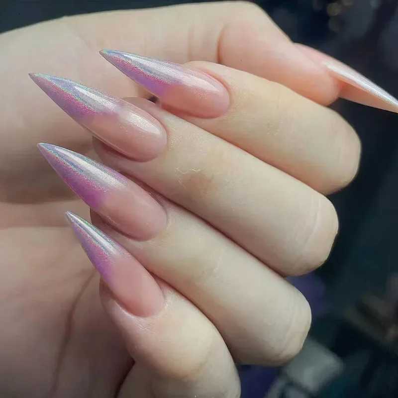 24Pcs White Gradient Press on False Nails Acrylic Stiletto Almond Fake Nail Wearable Solid Color Simple Full Cover Manicure TipsT251118T251119
