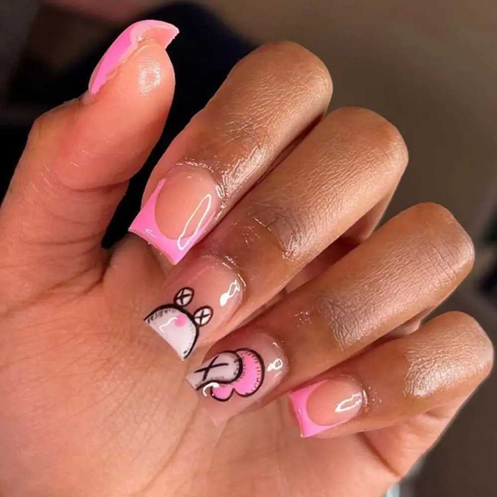 24pcs Short Square False Nails French White Edge Pink Fake Nails Full Cover Nail Tips Press on Nails faux fingernailT251118T251119