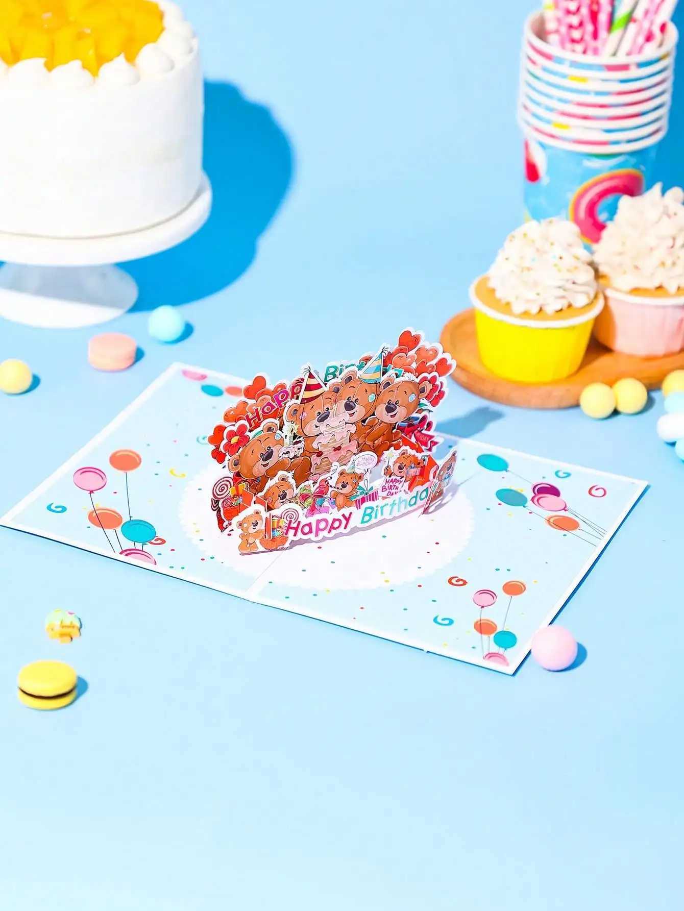 Kids Birthday Bear Pop-Up Card - 3D Greeting with Envelope Perfect Gift for Children Bear Pattern G251119