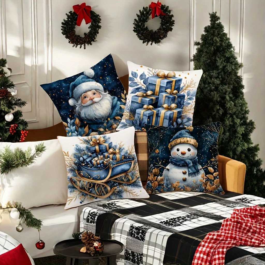 4pcs Holiday Christmas Covers Modern Blue Winter Night Design Stylish Decor for Living Room SofaM251119