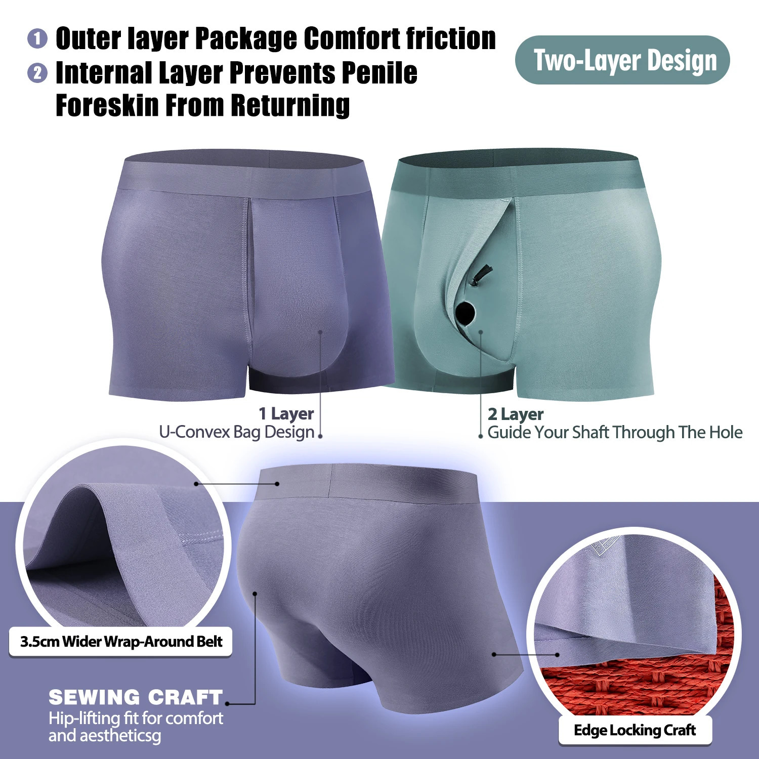 Physical therapy mens underwear with front opening adjustable loop box flat bottom pants 250417