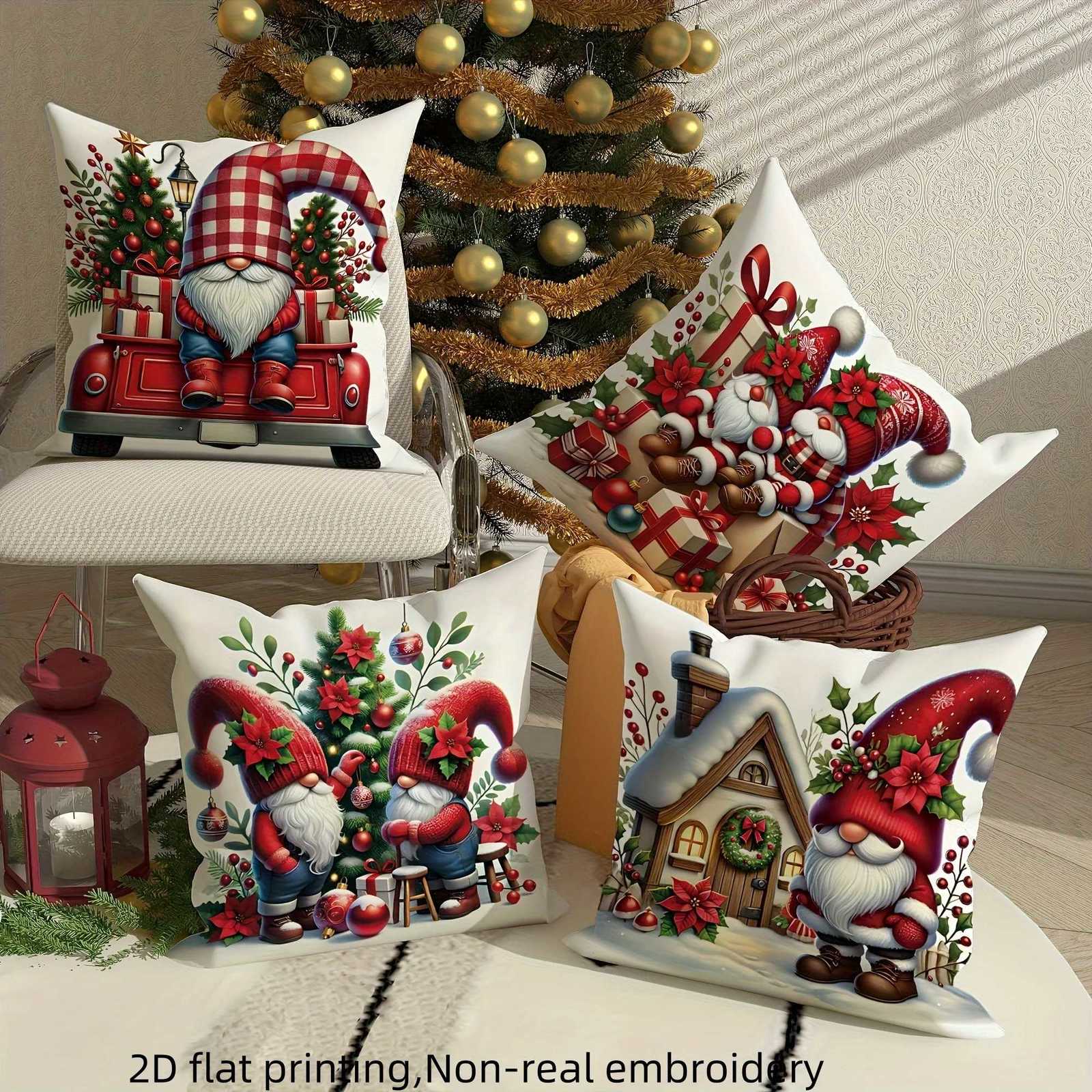 4pcs Christmas Covers Red Plaid Elf Truck Design Cozy Holiday Decor for Living Room Sofa HomeM251119