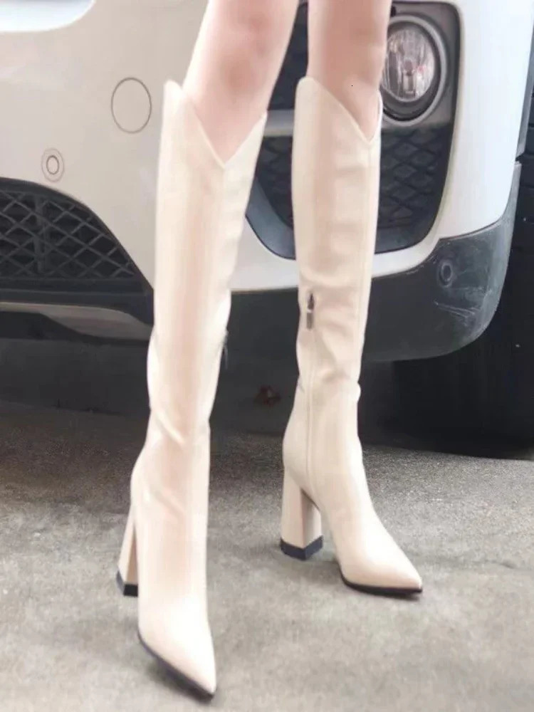 PU leather boots womens fashionable V-port Pointed Toe knee high heels womens sexy thick high heels 250418