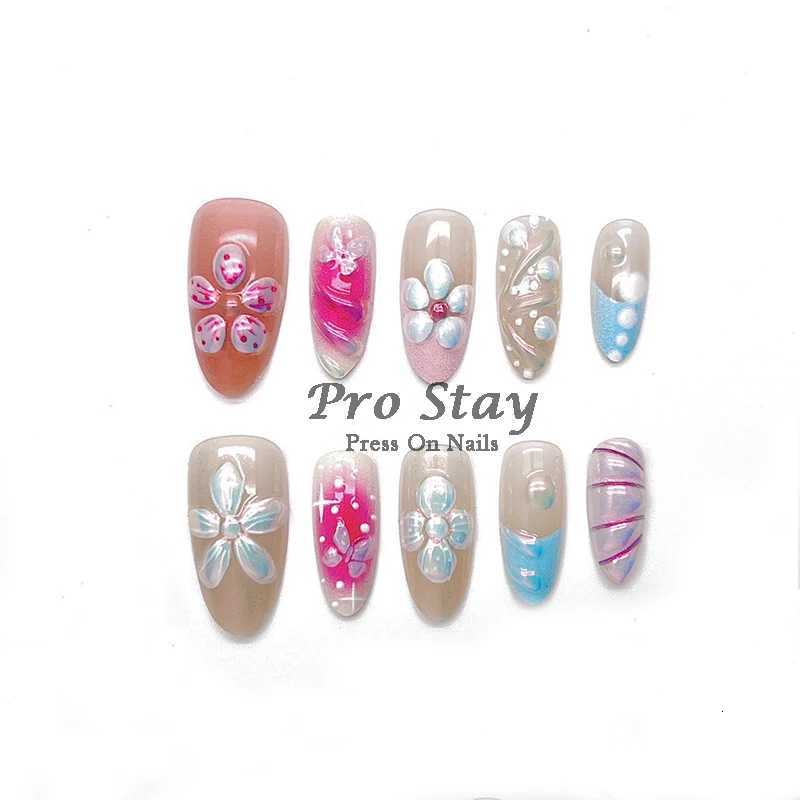 10pcs Pink Almond French Handmade Press on Nail with Silver 3D Pearl Bow Flower Pattern Reusable Full Cover Tips for WomenT251118T251119