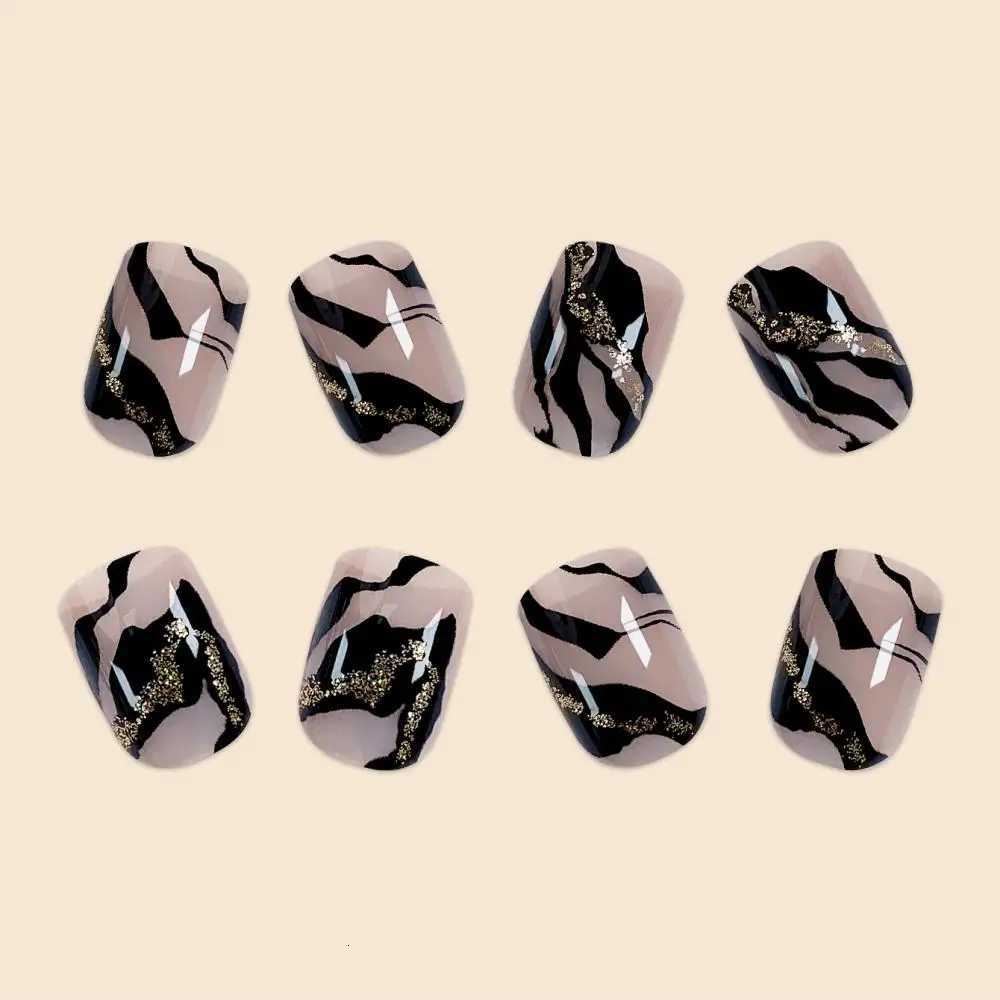 24Pcs Short Size quare with Black Stripes and Glitter Powder Girls Women Full Coverage Wearable Fake Nails SetT251118T251119