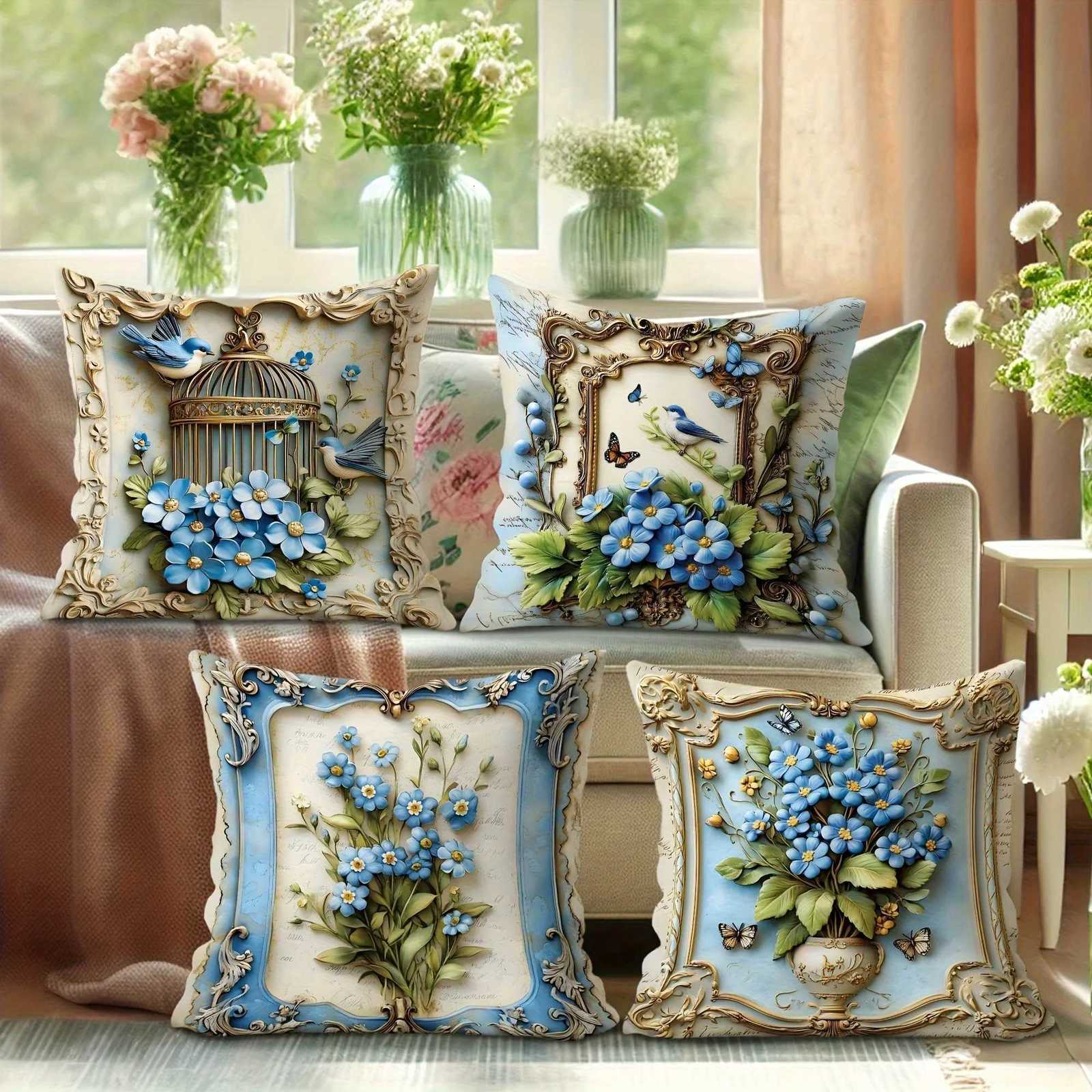 Blue Flowers Birds Butterflies throw cover with short plush print for living room sofa decoration cushion coverM251119