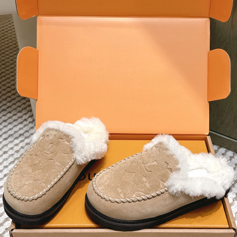 Colorado Closed Mule 1AITH8 Ladies Velvety Suede Calf Leather Mules Womens Wool Slippers manual suture Shearling Lining Rubber Outsole Sizes 35-41 With Boxs