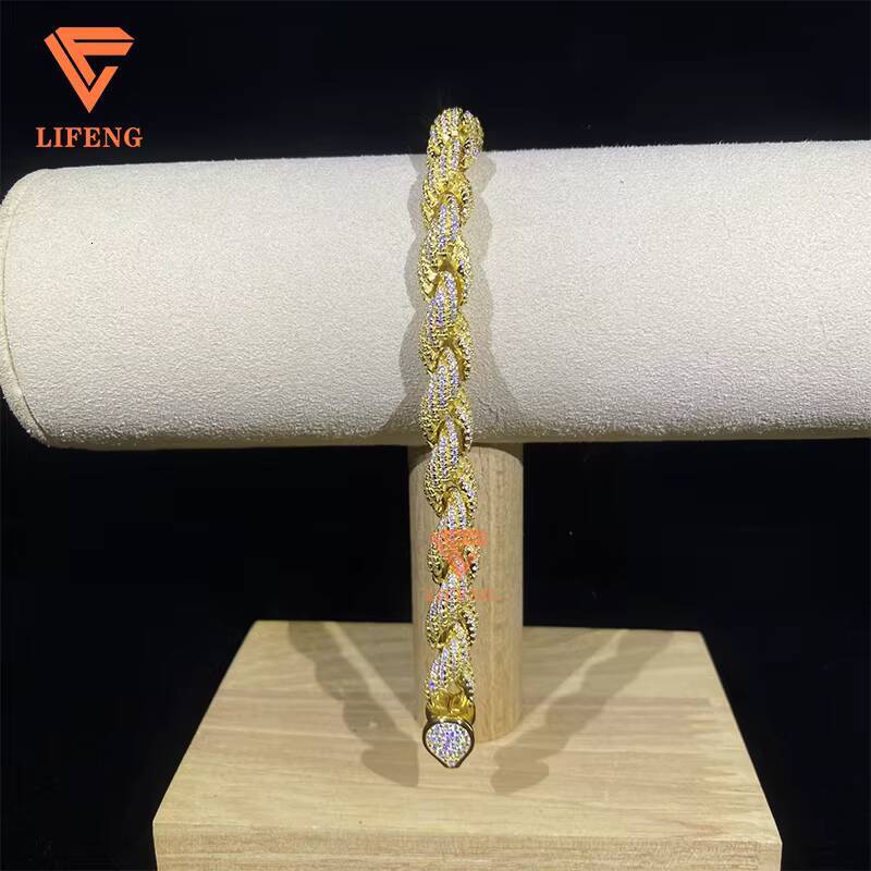 Custom Hand Make VVS Moissanite Diamond 8mm Gold Plated 925 Solid Silver Rope Chain Bracelet for Cuban Link Chain