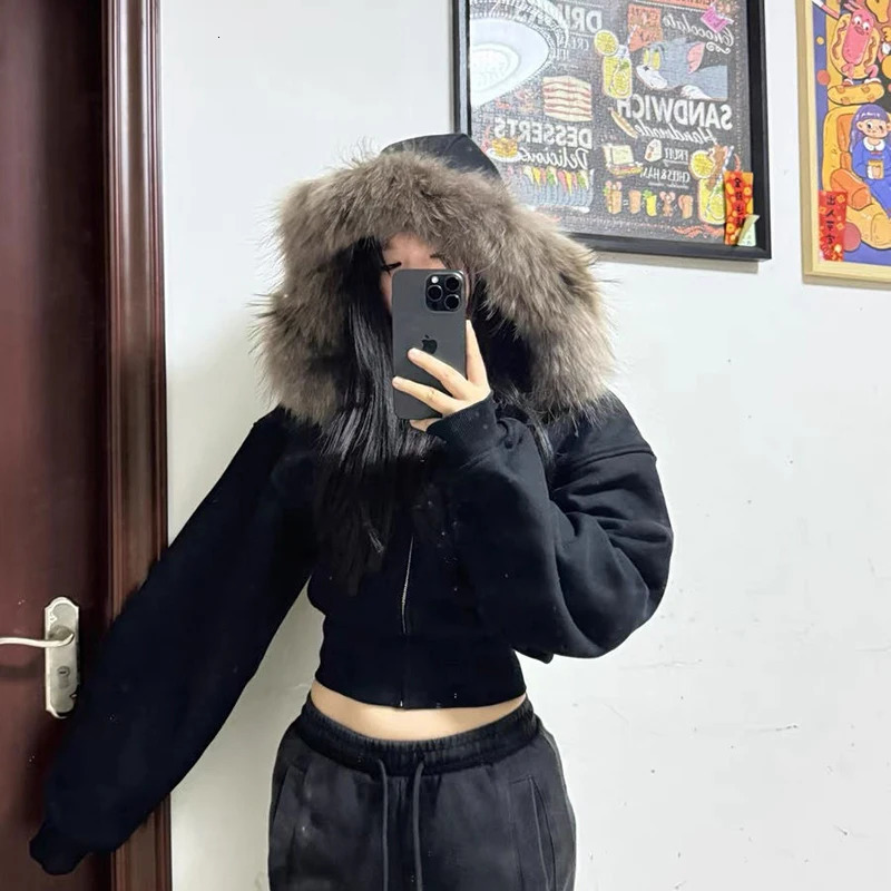 American Vintage Black Hoodie Sweatshirt Women Statement Fur Collar Long Sleeve Jacket Harajuku Y2K Zip Slim Street Cropped Coat 251124