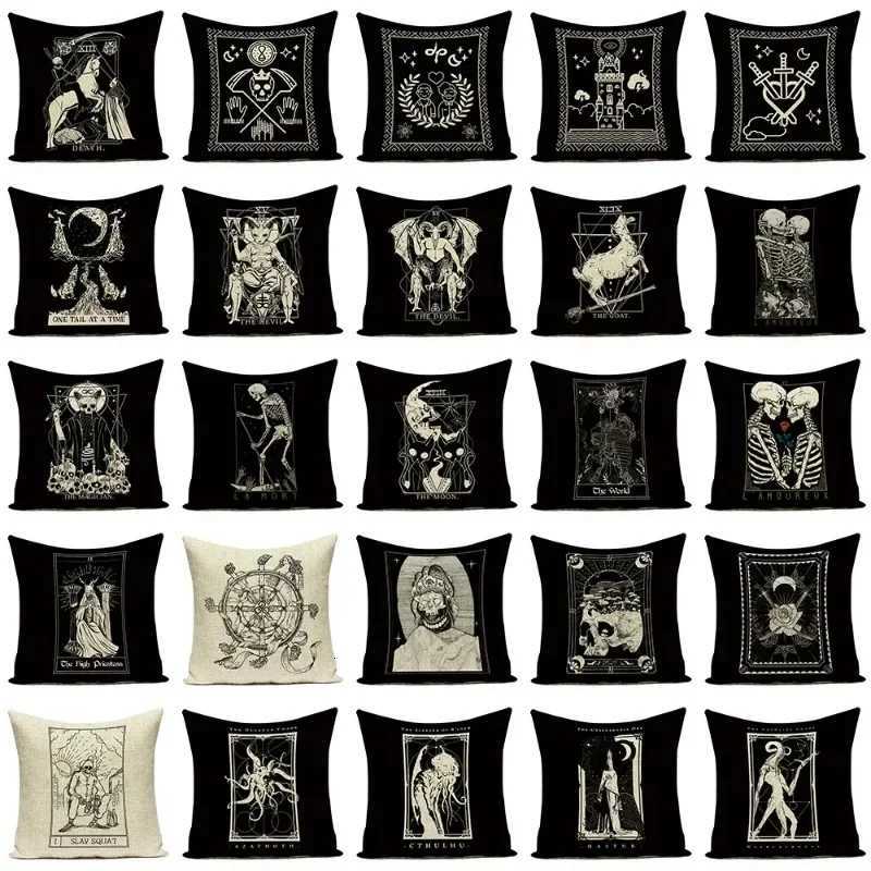 Horror Tarot Cushions Cover Bone Stand Decorative CushionCovers Print Linen s Black and White Portrait s Cases CojinM251119