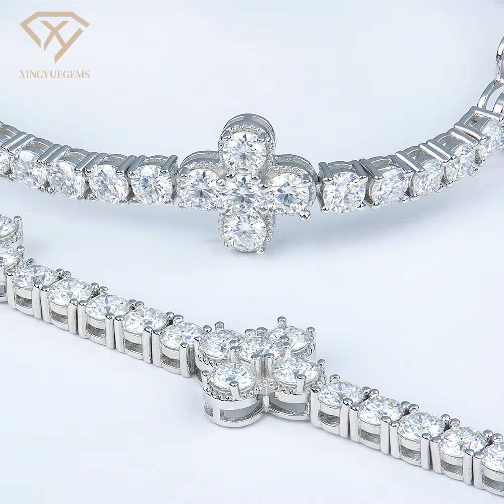 Manufacturers Wholesale Custom Jewelry 925 Sterling Silver Flower Mossanite Moissanite Diamond Hand Chain Charm Tennis Bracelet