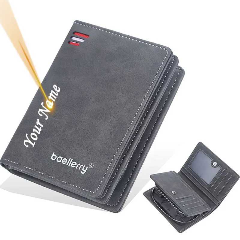 Mens Custom Name Engraved Wallet - Personalized Card Holder with Zipper Coin Pocket Photo Insert - Short Leather Gift for HimT251119