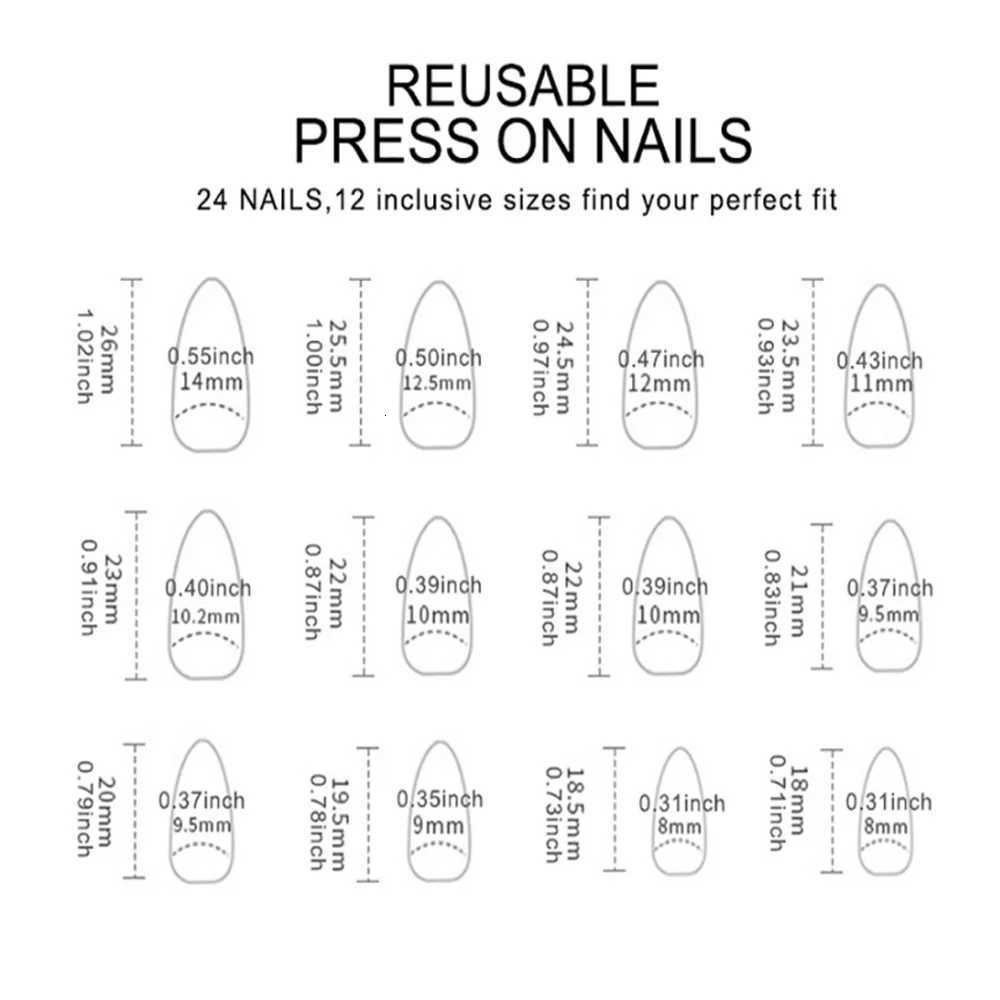 24pc/set Medium almond fake nails metallic mirror red black purple blue golden tips faux ongles y2k press on acylic false nailT251118T251119