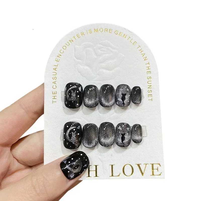 10Pcs Short Handmade Press on Nails Black Cat Eye Fake Nails Wearable Stick-on Nails False Nail Uas Postizas T251118T251119