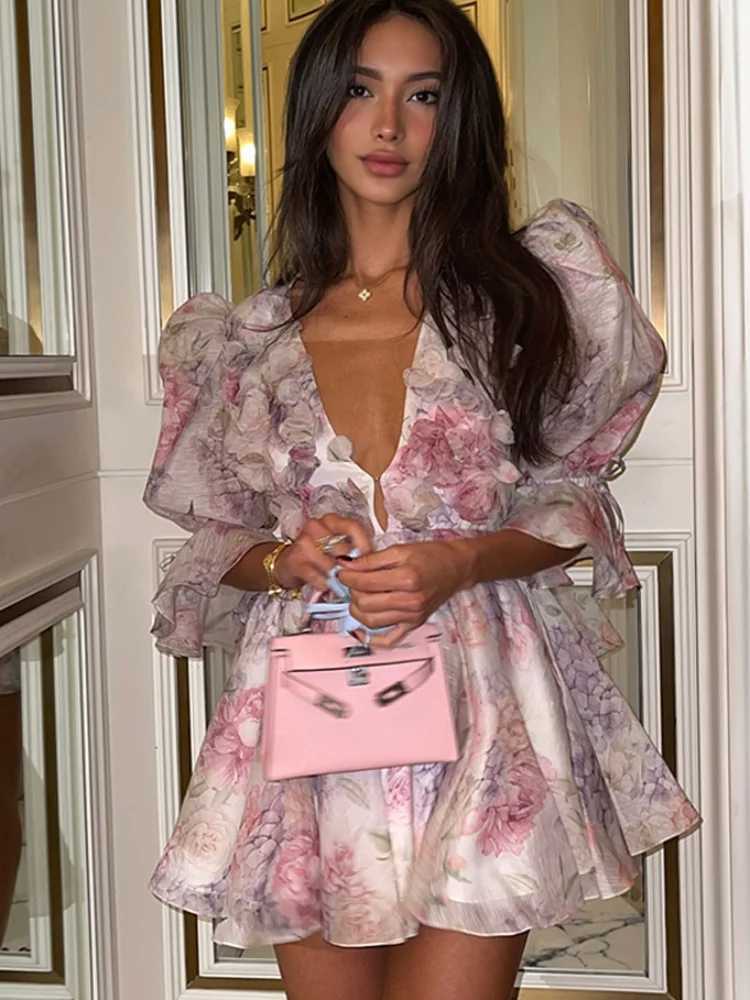 Womens tie dye 3D floral deep V-neck sparkling sleeve mini dress fashionable ultra-thin printed multi pleated Vestidos new womens holiday clothing M25