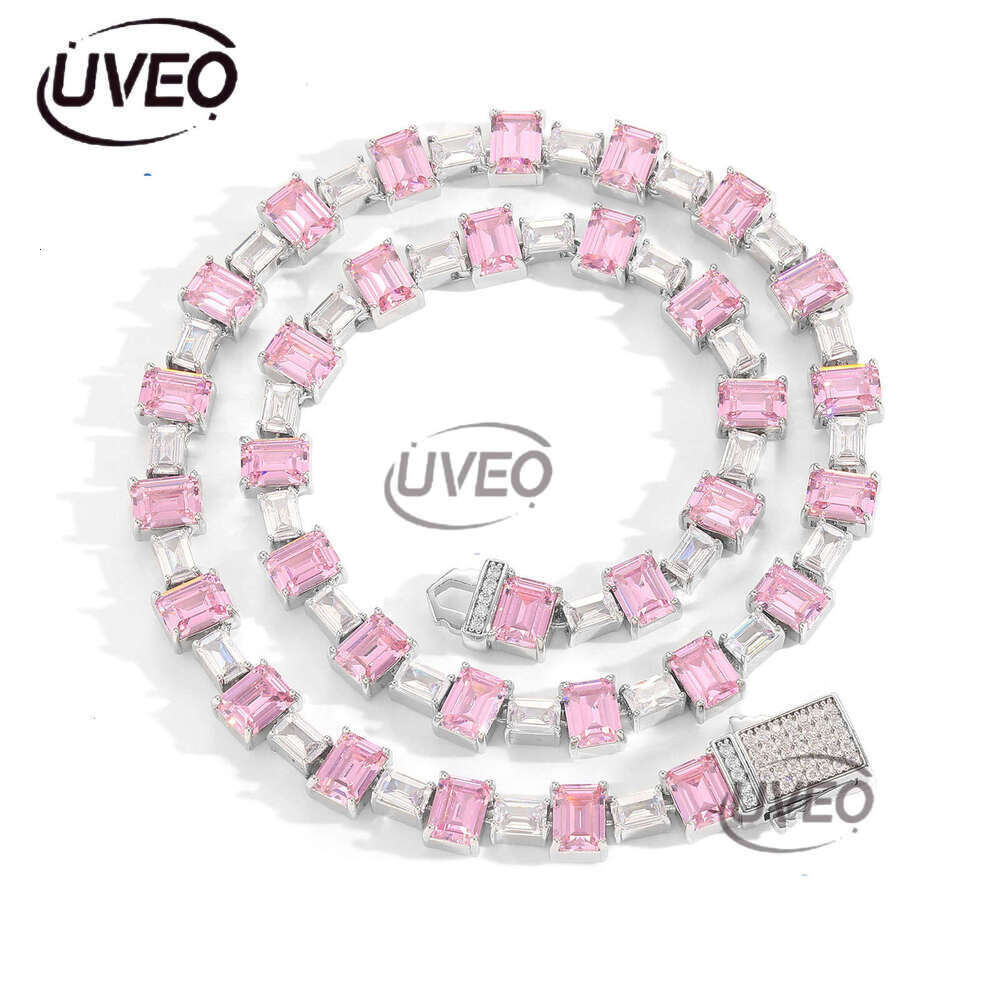 Luxury designer Pink square ice out VVS Moissanite tennis collarbone chain, hip hop necklace bracelet for men and women Free delivery
