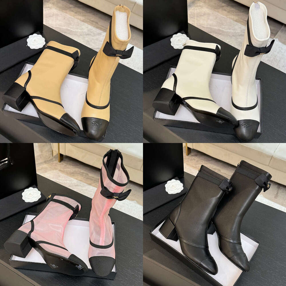 new c womens Designer Luxury ankle boots black white leather Trendy Bow Net Mesh ankle boots Kitten Heels Chunky Heel boots Thick heel fashion womens boots
