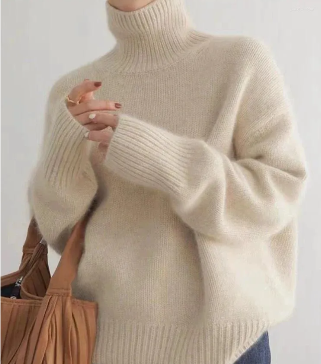 Womens Sweaters 2026 Fashion Korea Cashmere Sweater Pure Wool High Lapel Pullover Autumn Winter Casual Loose Thick Knitted Top