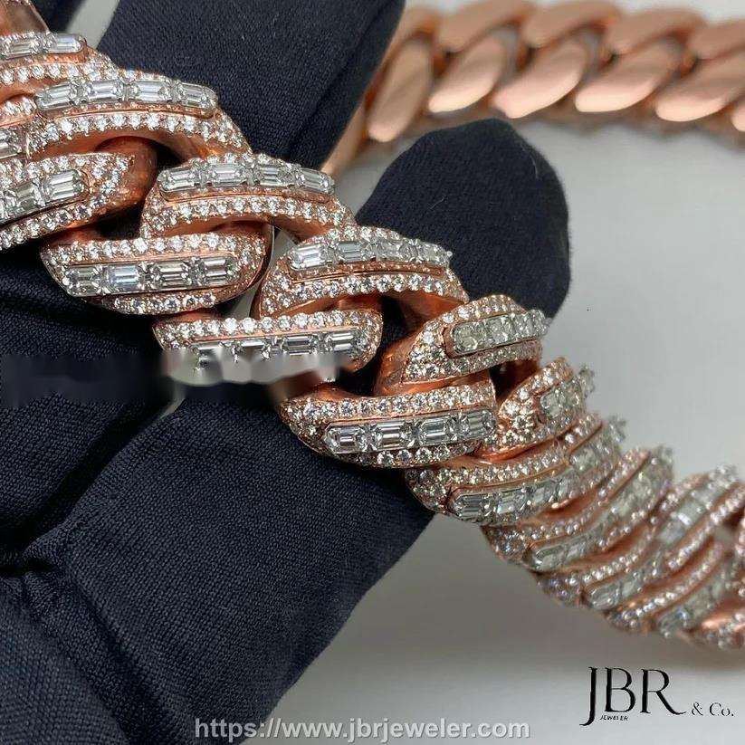 Popular Style 22mm Baguette VVS Moissanite Diamond Rose Gold Plated 925 Sterling Silver Iced Out Miami Cuban Link Chain For Men