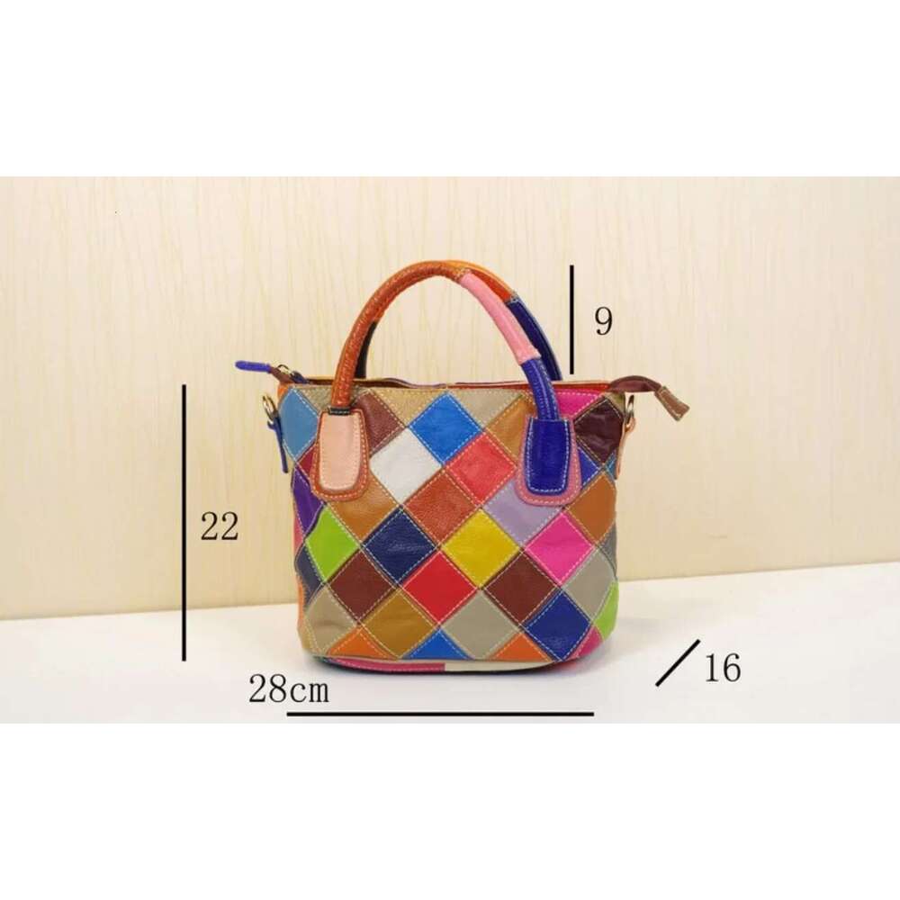 Vintage Cowhide Bucket Bag - Contrast Plaid Design With Tote Function For Women's Casual Outings