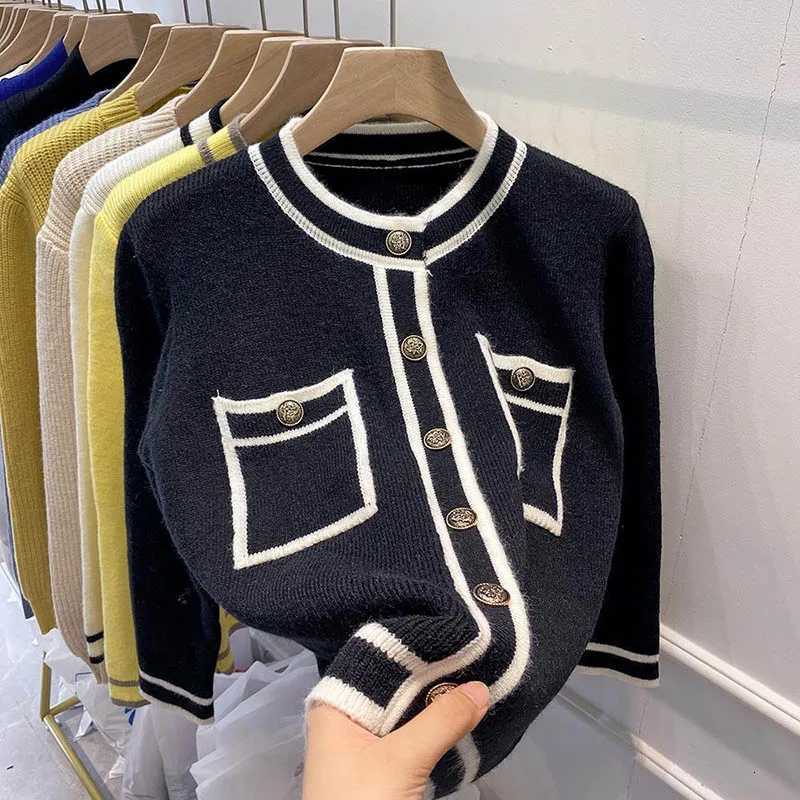 Small Fragrance Contrast Long-Sleeved Knit Cardigan Womens Spring And Autumn New Loose Slim Sweater Coat Casual Soft And Top H251119