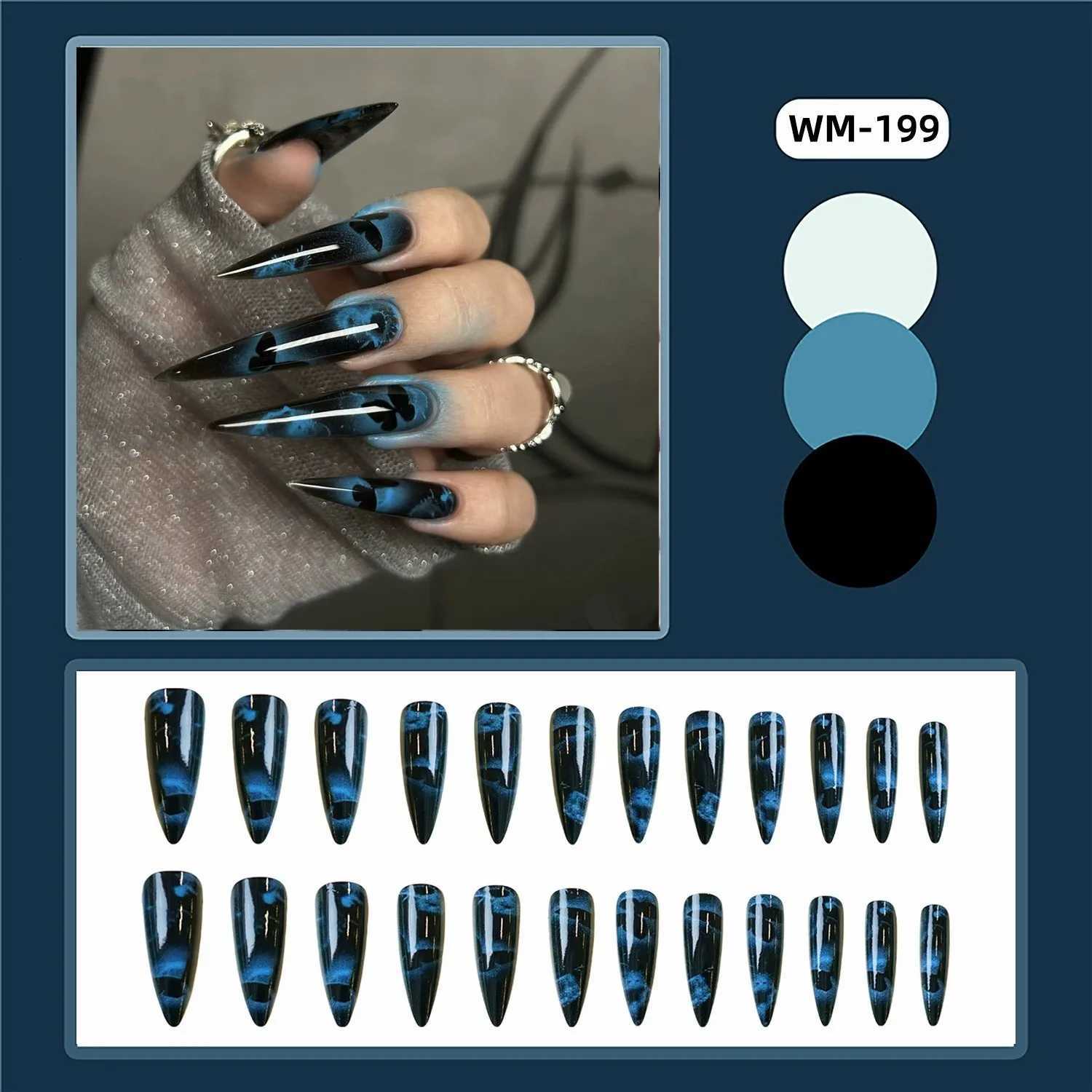 24PCS Dark Blue Butterfly Y2k False Nails Spicy Girls Gradient French Pointed Fake Nails Press On Long Stiletto Artificial NailsT251118T251119