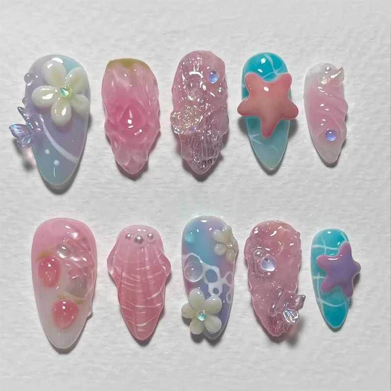 24PCS 3D Flower Shell Starfish False Nails Blue Gradient Diamonds French Fake Nails for Women Wearable Almond Nail ManicureT251118T251119