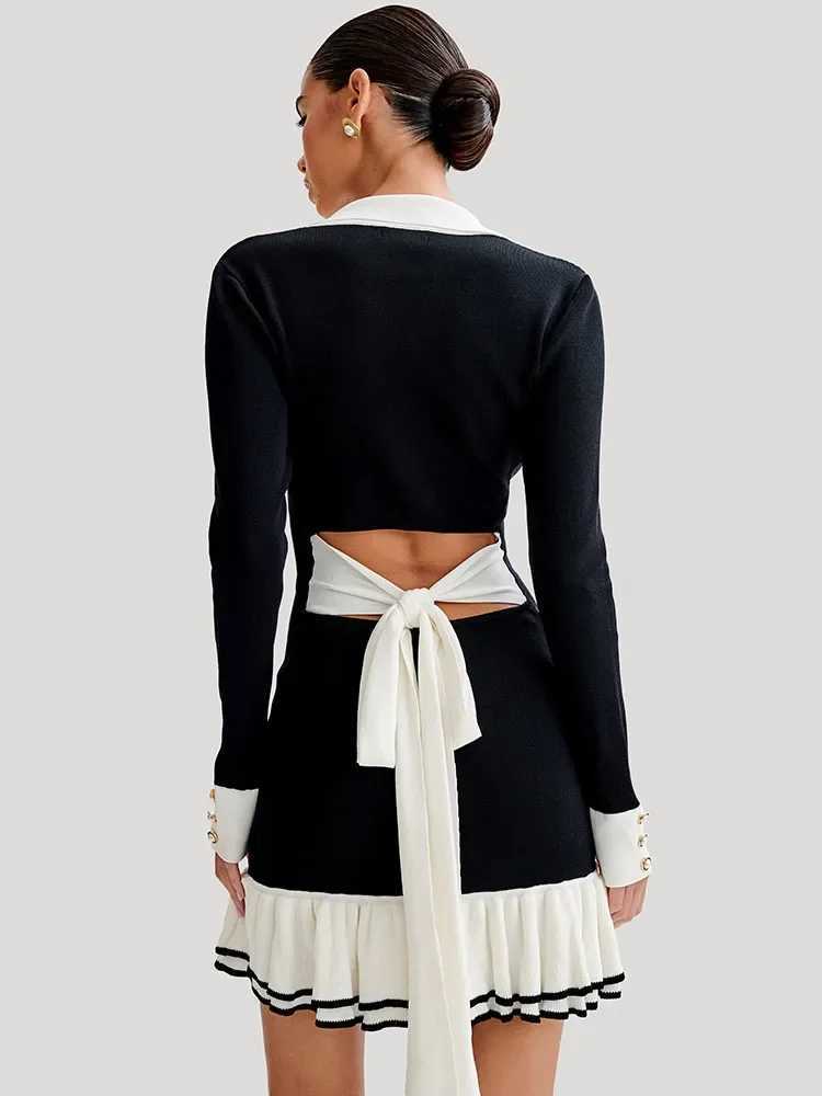 Cute Ruffle Bow Knitted Mini Dress for Women in Summer No Back Comparison Open Collar Lace Elegant Dress for Women Knitted Bandage Dress M250419
