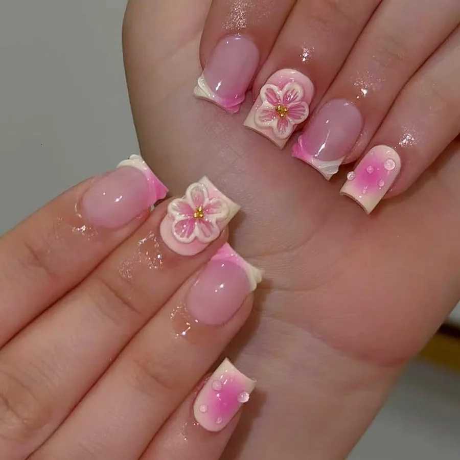 24Pcs Short Square Head Press on Nails Yellow French 3D Flower Fake Nails Blue Smudge Pearl Reusable Full Cover False Nails TipsT251118T251119