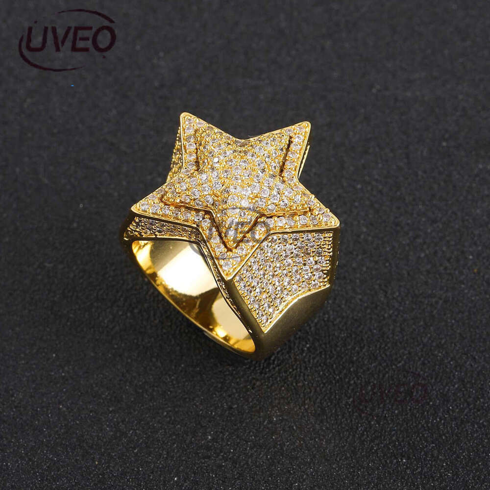 Luxury designer Hip Hop Ice out VVS Moissanite 3D five-point star double copper plated real gold Men women Hip hop rings
