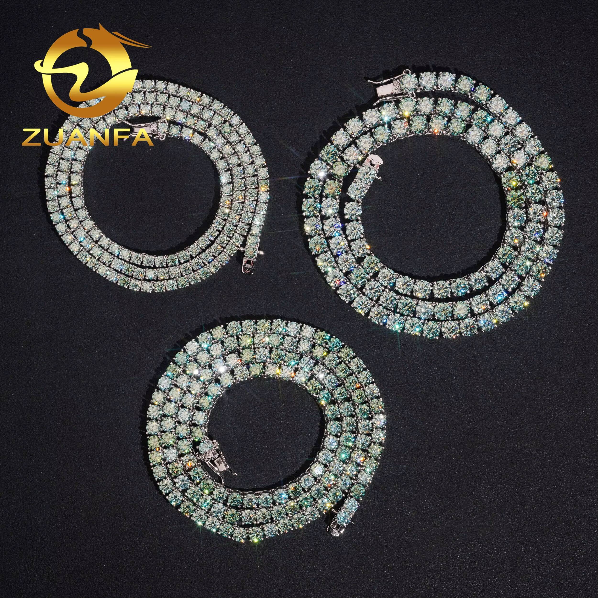 Pass Diamond Tester Hip Hop 925 Silver Color Blue Green Moissanite Diamond Tennis Chain Necklace