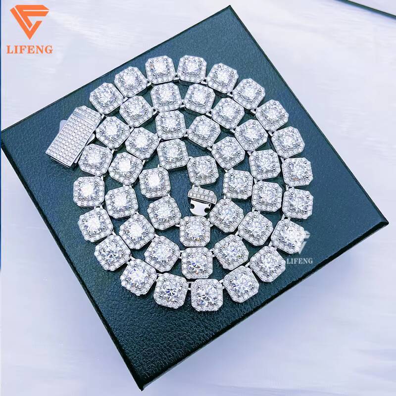 Hip Hop Jewelry 10mm Tennis Chain Iced Out Pass Diamond Tester 925 Sterling Silver Square Cluster Moissanite Tennis Chain