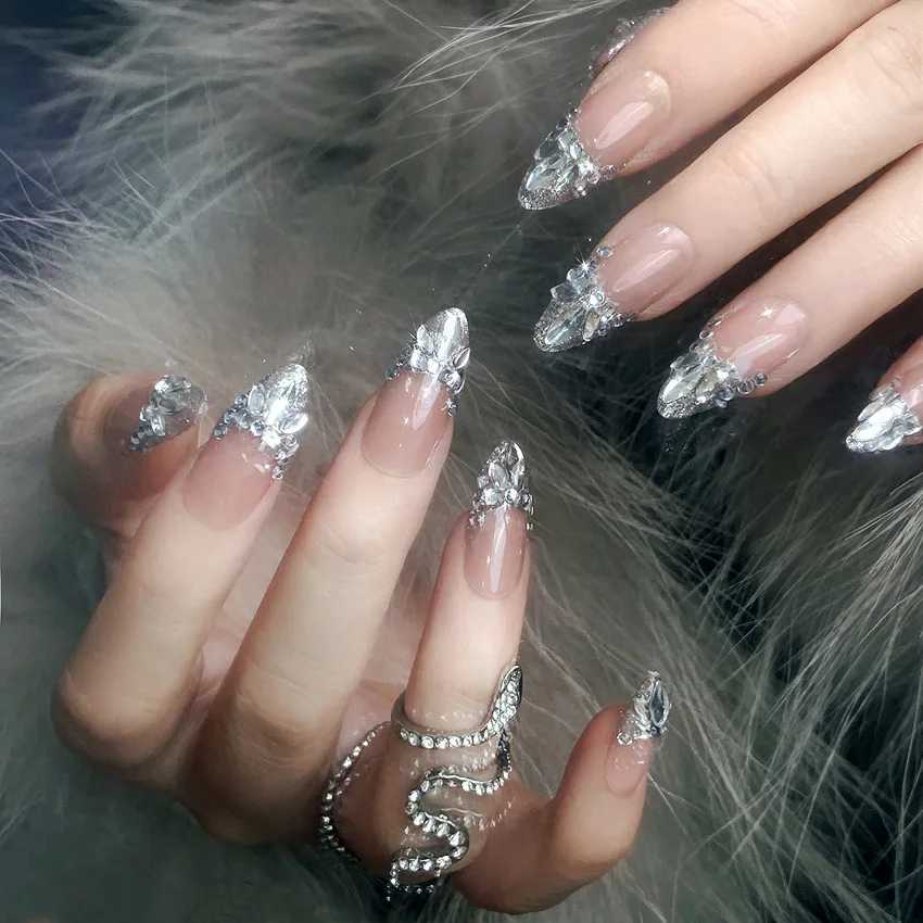 24Pcs Long Ballerina Fake Nails Sparkly Diamond Designs Press on Nails White Pearl Clear False Nails for Women Bride WeddingT251118T251119