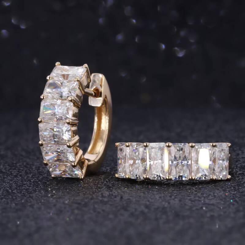 Yellow 14k Gold Crushed Ice Radiant Cut 3x5mm Moissanite Diamond Hoop Earrings