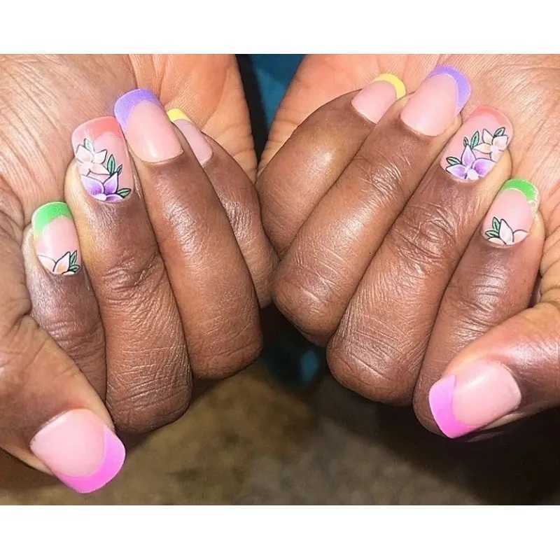 24pcs Short Square Press On Nails With Flower Design French Tip Fake Nails Spring Summer Full Cover False Nails For Women GirlsT251118T251119