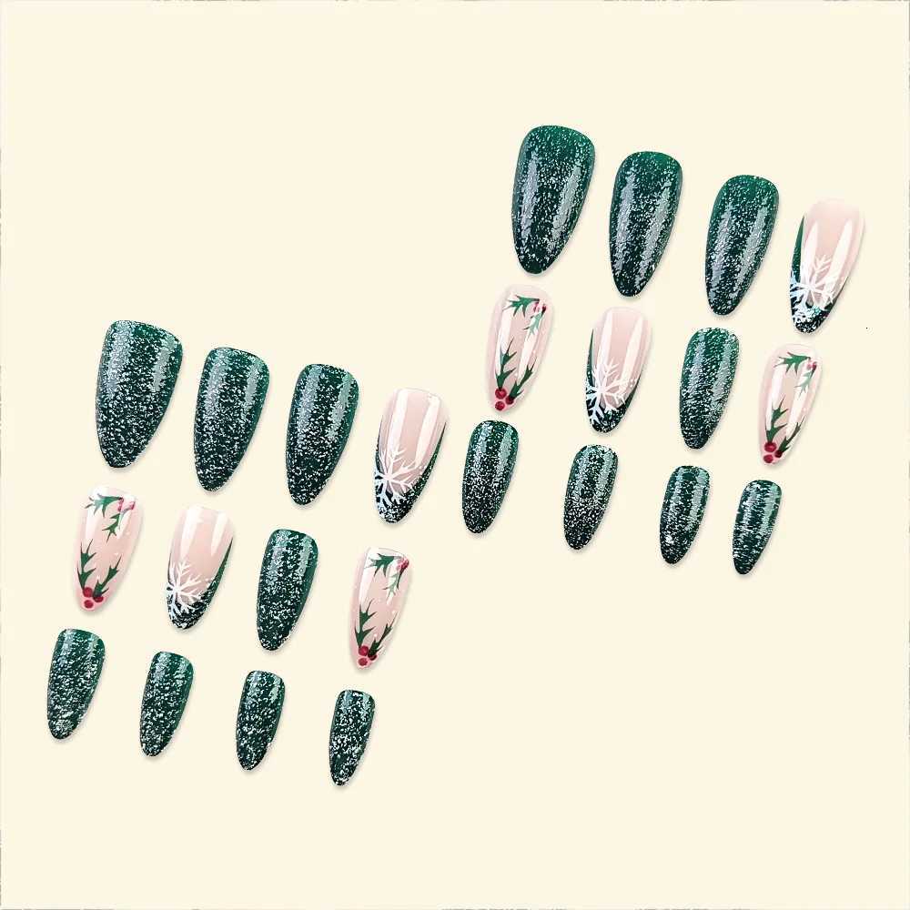 24pcs Christmas Press on Nails Green Tree Christmas False Nails Reusable Acrylic Fake Nails French Almond Nail CharmT251118T251119