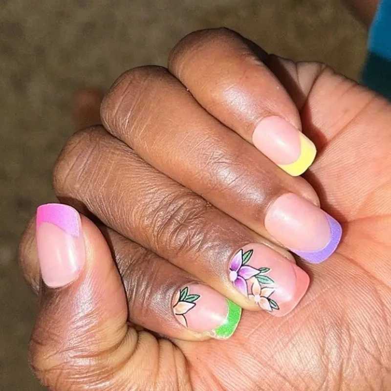 24pcs Short Square Press On Nails With Flower Design French Tip Fake Nails Spring Summer Full Cover False Nails For Women GirlsT251118T251119