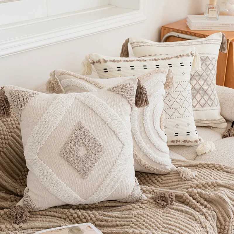 Beige Coffee Loop Tufted Cushion Cover Geometric Semicircle Embroidered Crocheted Throw Cover Decorative s for SofaM251119
