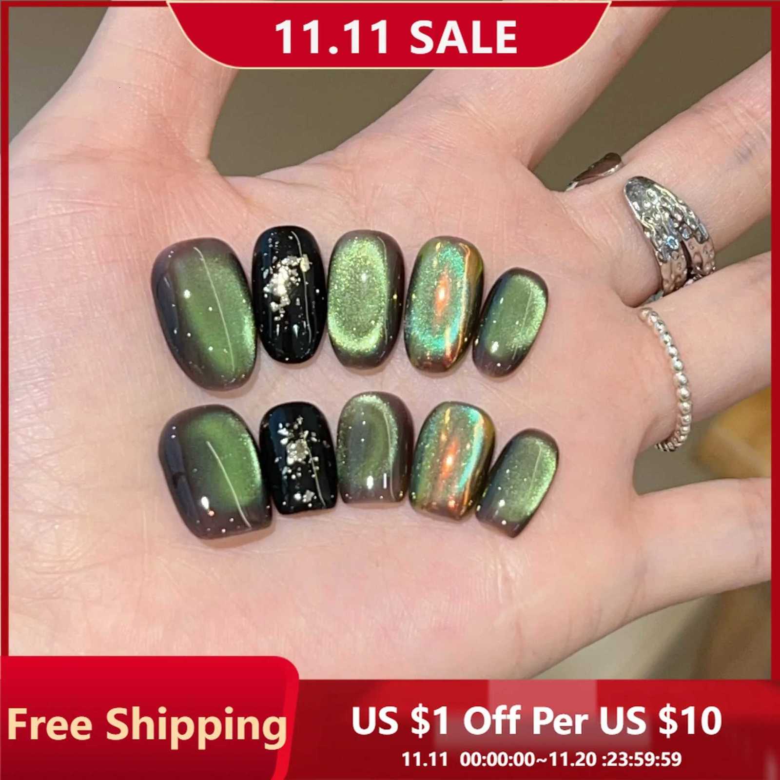 10pc Handmade Press on Nails Green Glass Bead Cats Eye Aurora Pink False Nail for WomenGirl Short Removable Wearable Fake NailT251118T251119