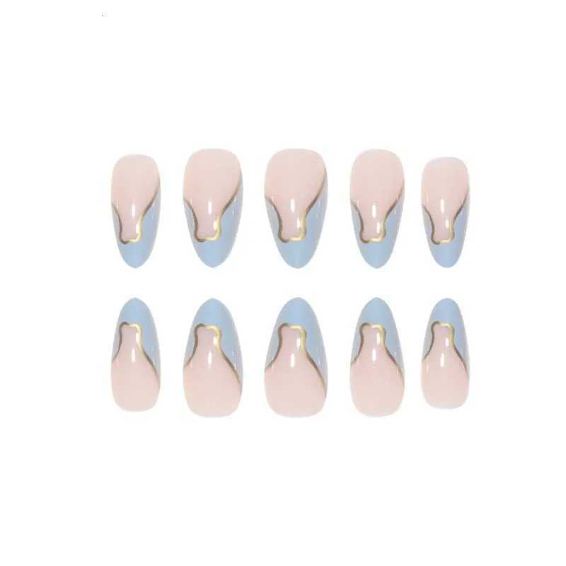 24 Pieces Long Almond Irregular Frenchstyle Pattern ABS Full Cover Glossy False NailsT251118T251119