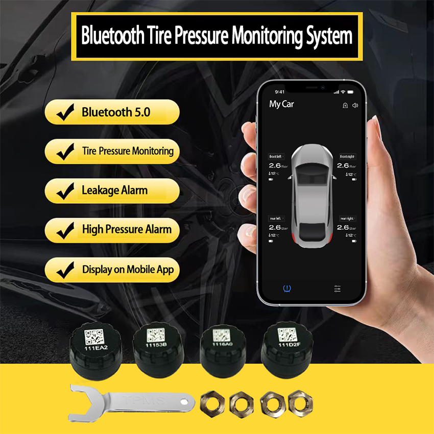 Motorcycle Car Tire Pressure Monitoring System, Tire Pressure and Temperature Alarm, Wireless TPMS with 4 External Sensors, Support iOS and Android